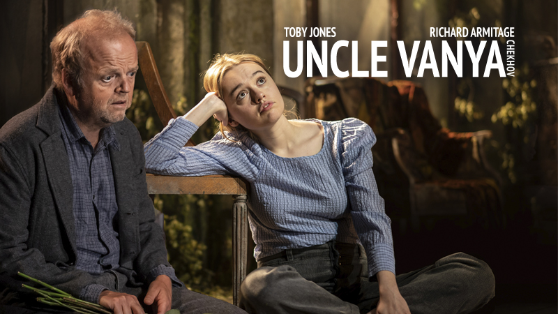 Actors Toby Jones and Aimée Lou Wood on stage in a production of Uncle Vanya