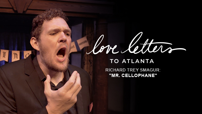 Tenor Richard Trey Smagur sings passionately with his mouth open in landscape poster for Love Letters to Atlanta