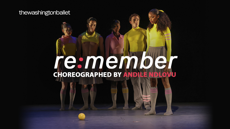 Five Washington Ballet dancers dressed in neon yellow and pink look down at a yellow ball