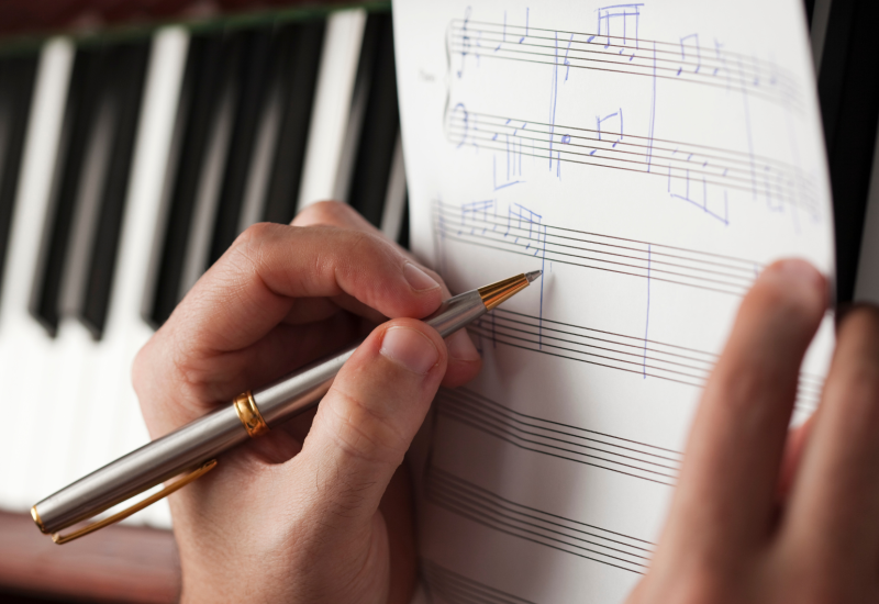 A person holds a pen to staph paper and is composing a new song