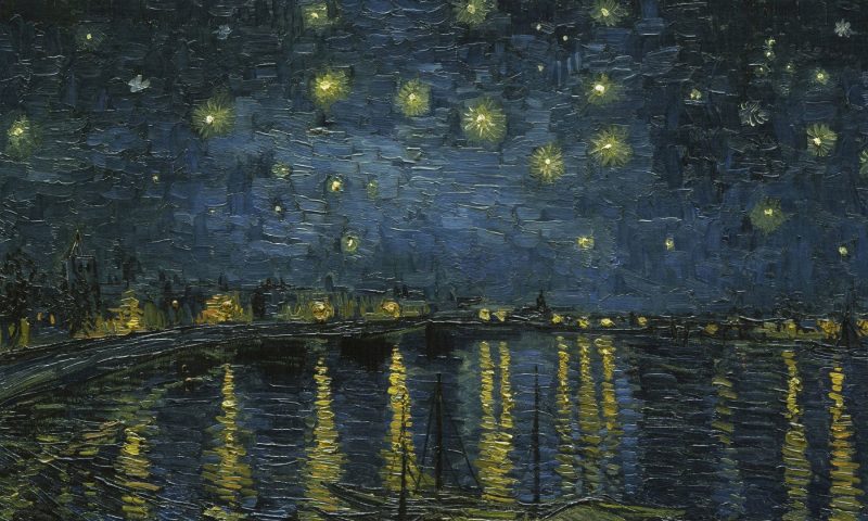 Van Gogh's Starry Night Over the Rhone, a beautiful impressionistic oil painting featuring a view of the Rhone river with a city in the background, stars shine above in yellow and the light of the gas lamps is reflected in the water.