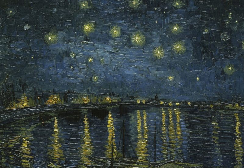 Van Gogh's Starry Night Over the Rhone, a beautiful impressionistic oil painting featuring a view of the Rhone river with a city in the background, stars shine above in yellow and the light of the gas lamps is reflected in the water.