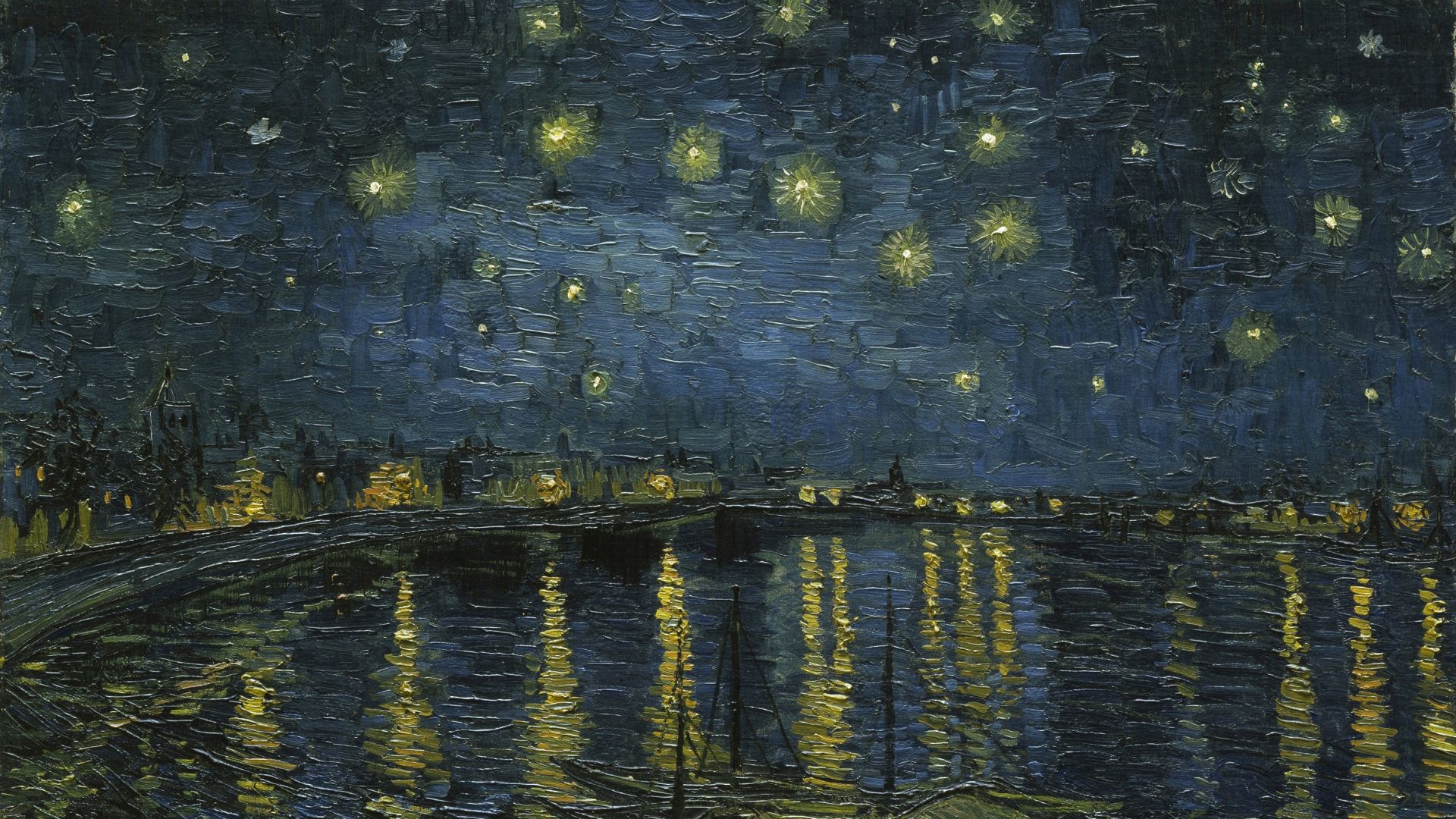 Van Gogh's Starry Night Over the Rhone, a beautiful impressionistic oil painting featuring a view of the Rhone river with a city in the background, stars shine above in yellow and the light of the gas lamps is reflected in the water.