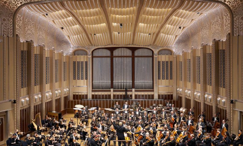 Inside Severance Music Hall in Cleveland Ohio. The image is of the stage where the full orchestra is playing.