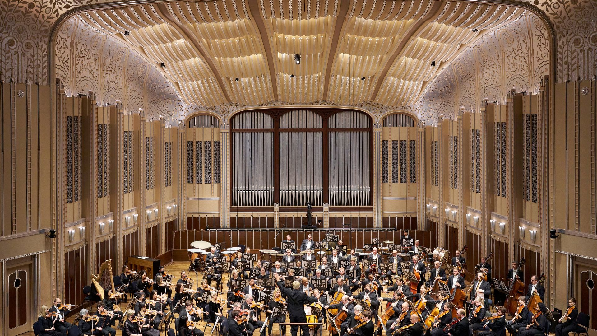 Inside Severance Music Hall in Cleveland Ohio. The image is of the stage where the full orchestra is playing.