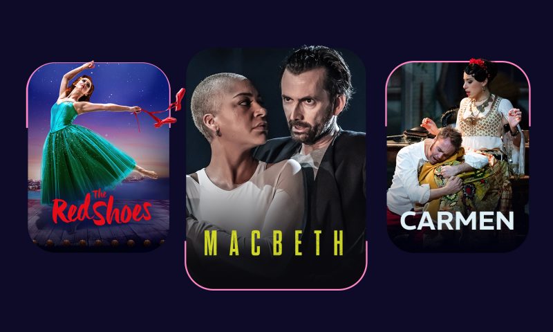 The posters for three videos outlined in pink. From left to right: Matthew Bourne's The Red Shoes, David Tennant and Cush Jumbo's Macbeth, and Carmen at Opera Versailles